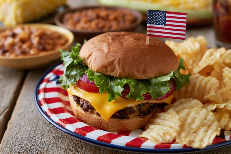 Cheeseburger with lettuce tomato onion and american flag on toothpick served on red white striped plate with potato chips and side dishes on wooden table