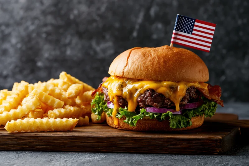 Loaded cheeseburger with melted cheese dripping and american flag on top served with crinkle fries on wooden board