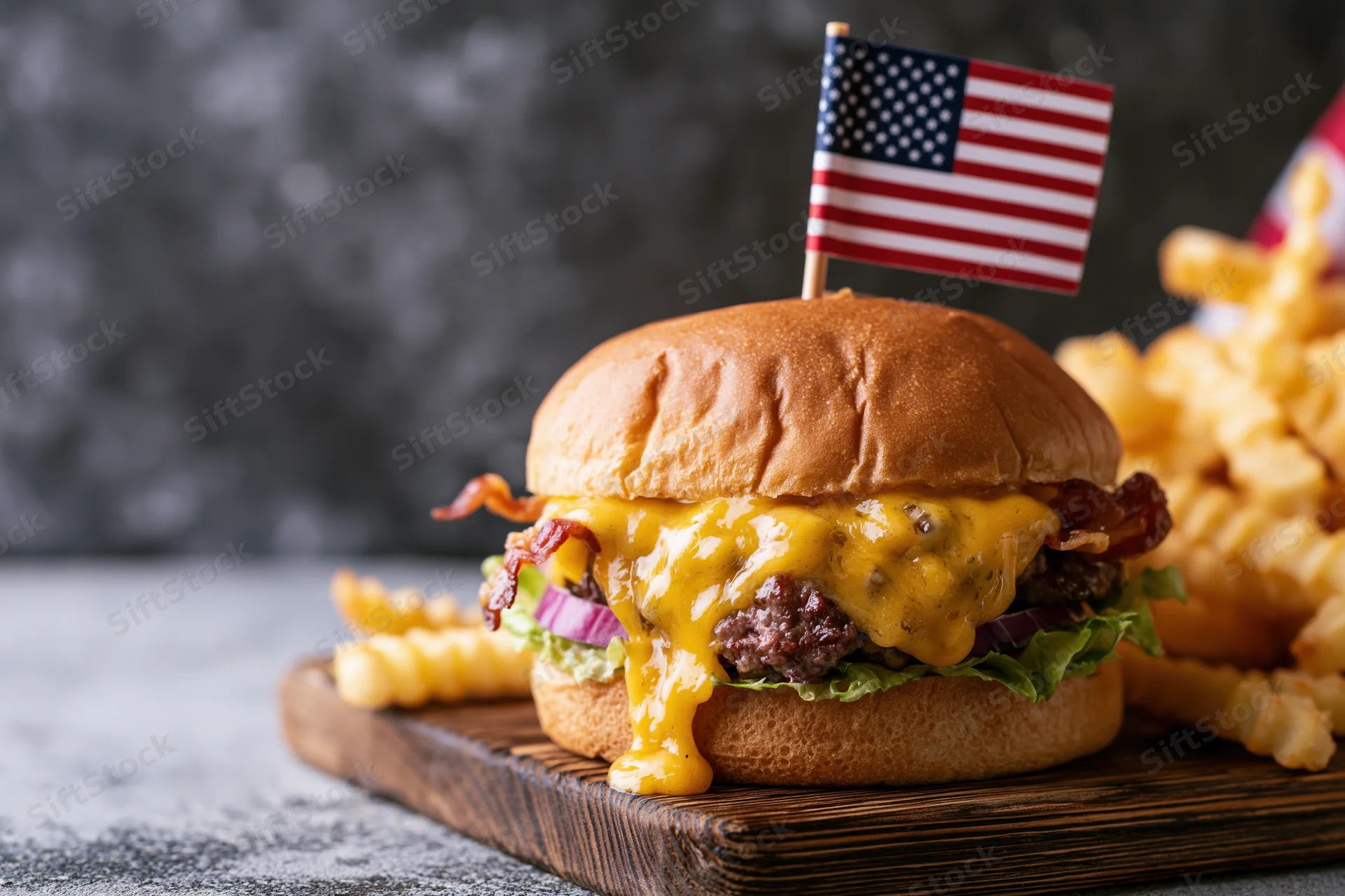Cheeseburger with melted cheese dripping and american flag on top served with crinkle fries on wooden board