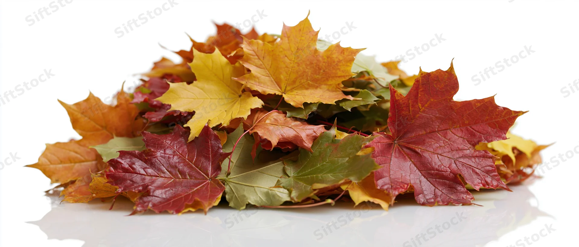 Pile of fallen maple leaves in autumn colors on white surface