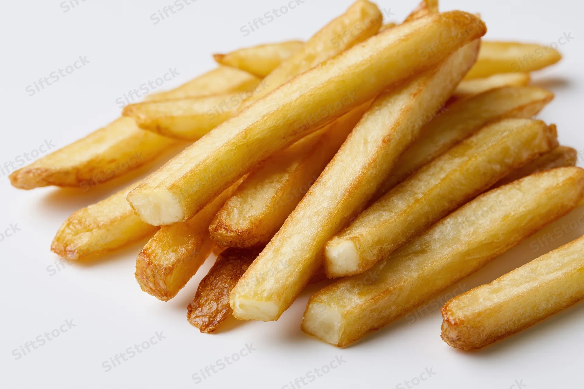 Golden french fries piled casually on a white surface