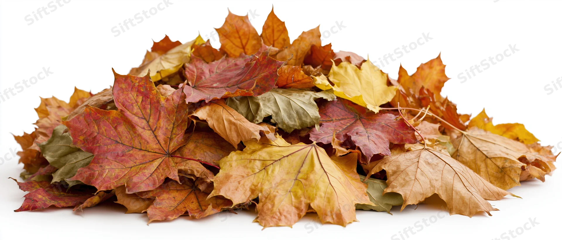 A pile of fallen autumn maple leaves heaped together on a white background