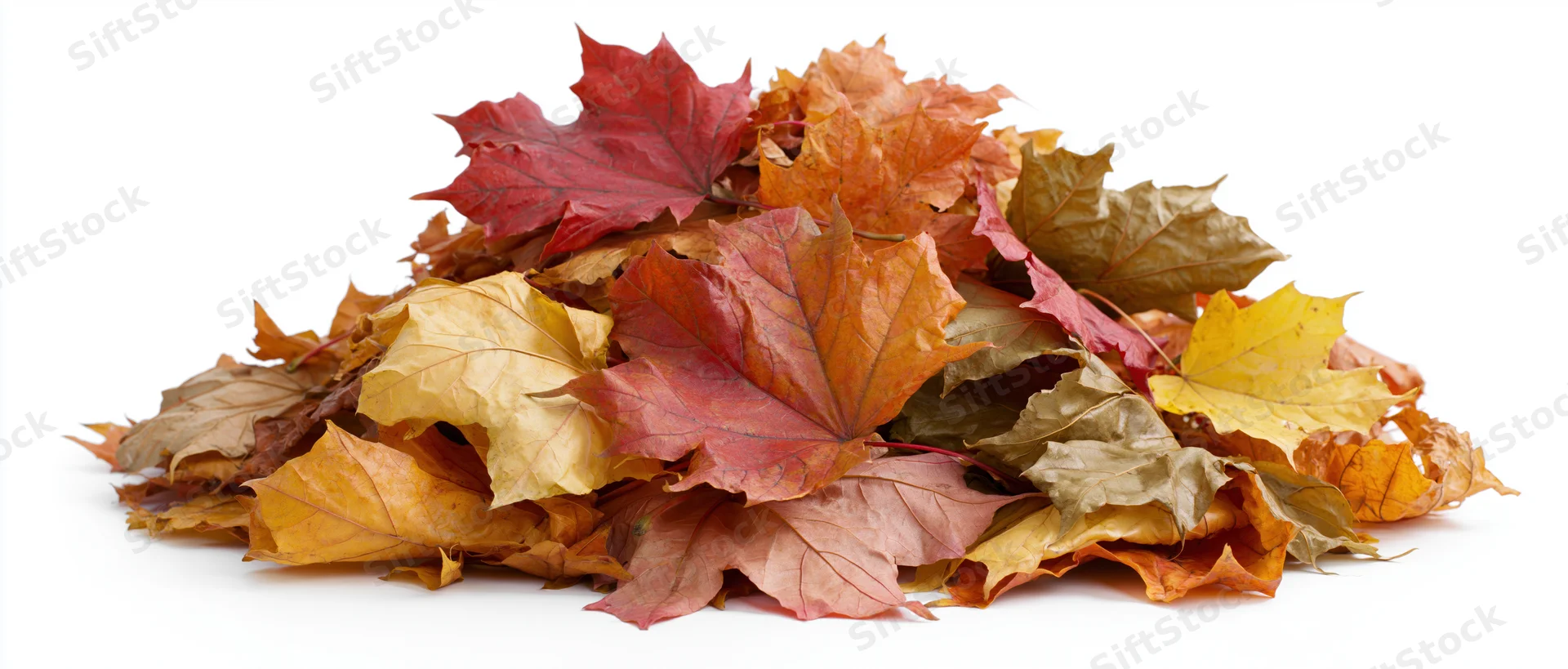 A pile of fallen autumn maple leaves heaped together on a white background