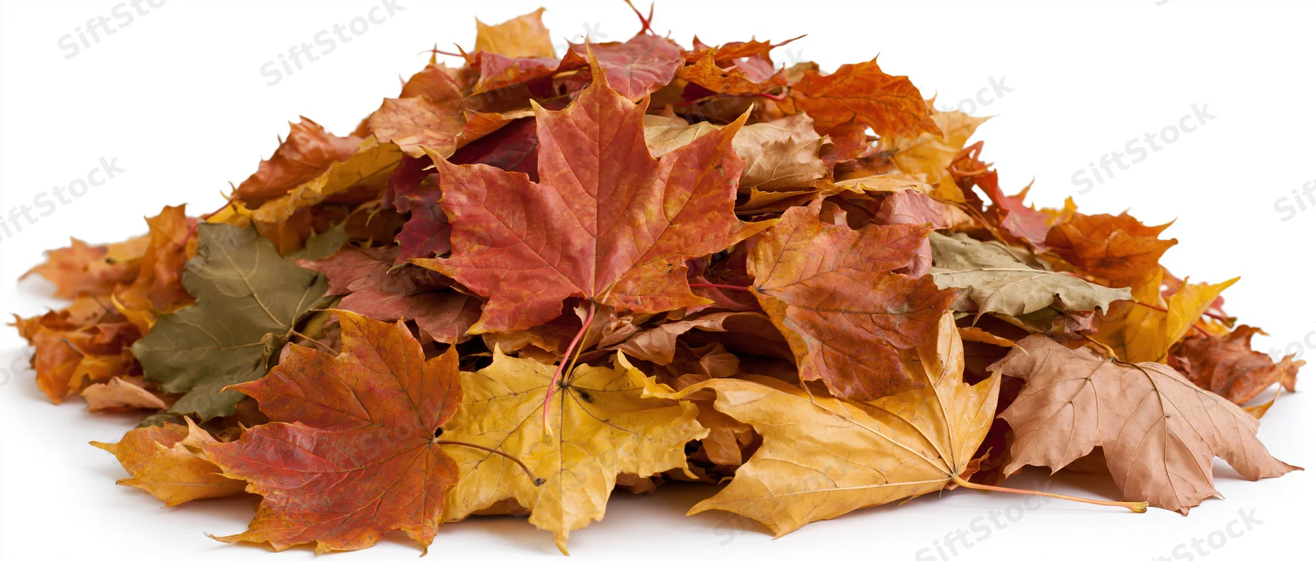 Pile of fallen autumn maple leaves heaped together on white background