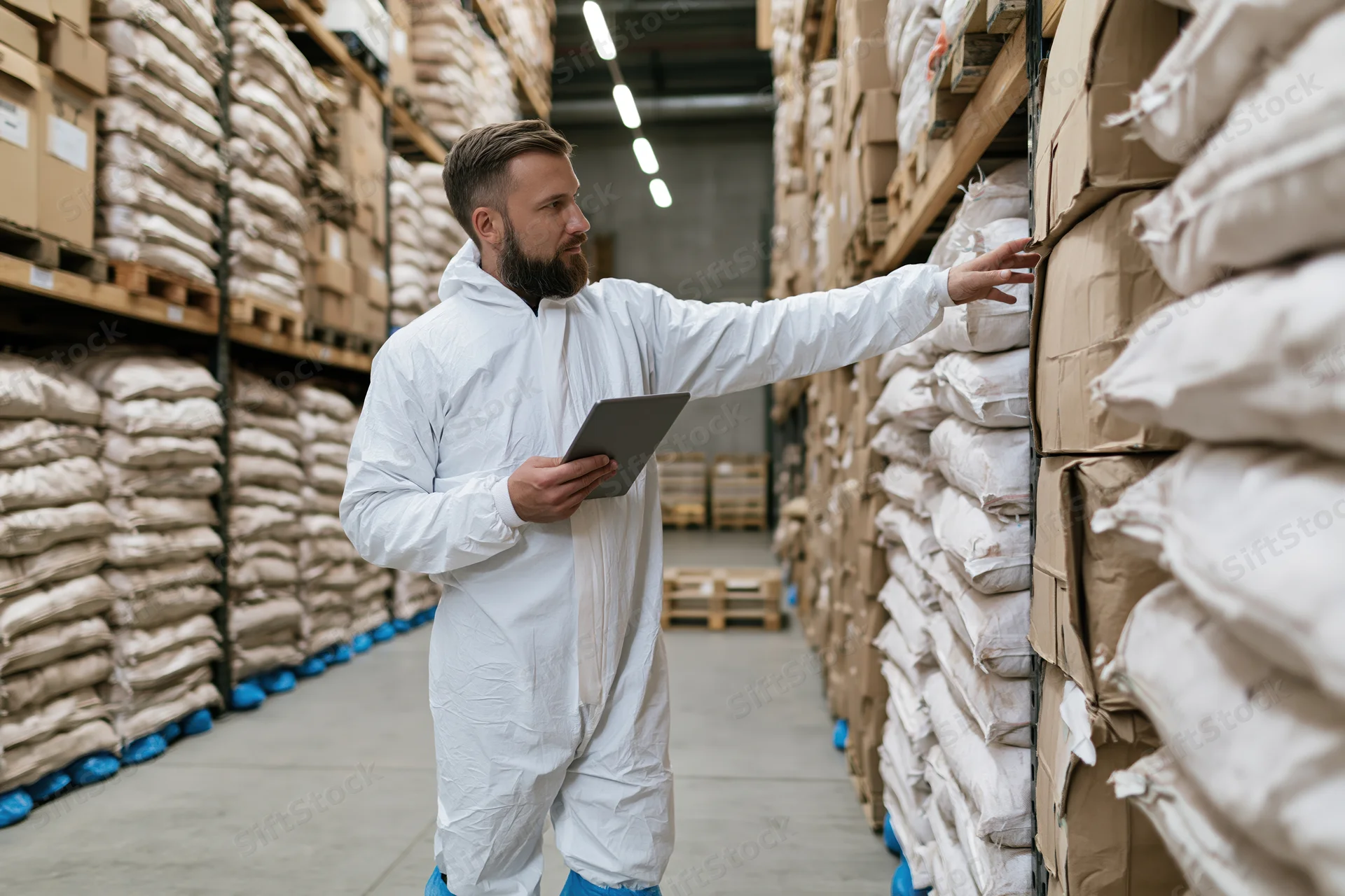 Man in white protective coverall inspecting stacked sacks in warehouse aisle with tablet