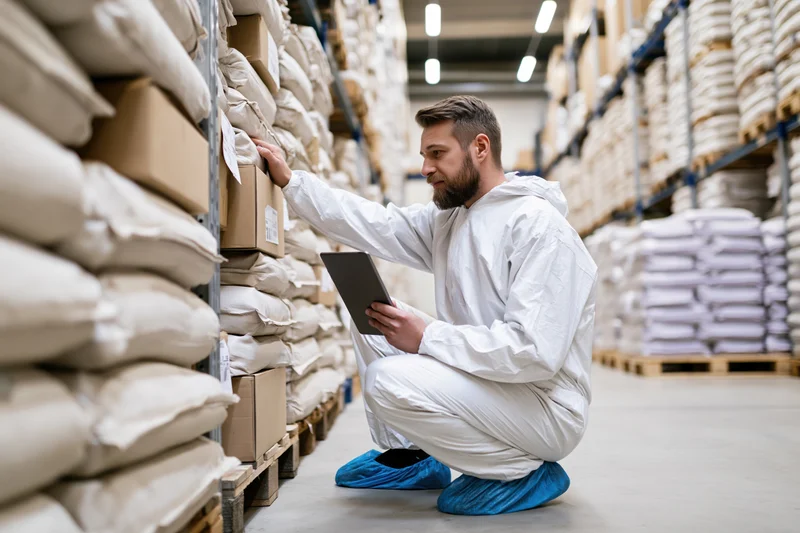 Man in white coverall crouching in warehouse aisle inspecting sacks with tablet