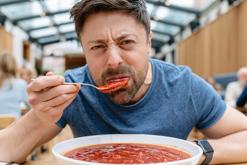 Man eating tomato soup with disgusted expression at restaurant table