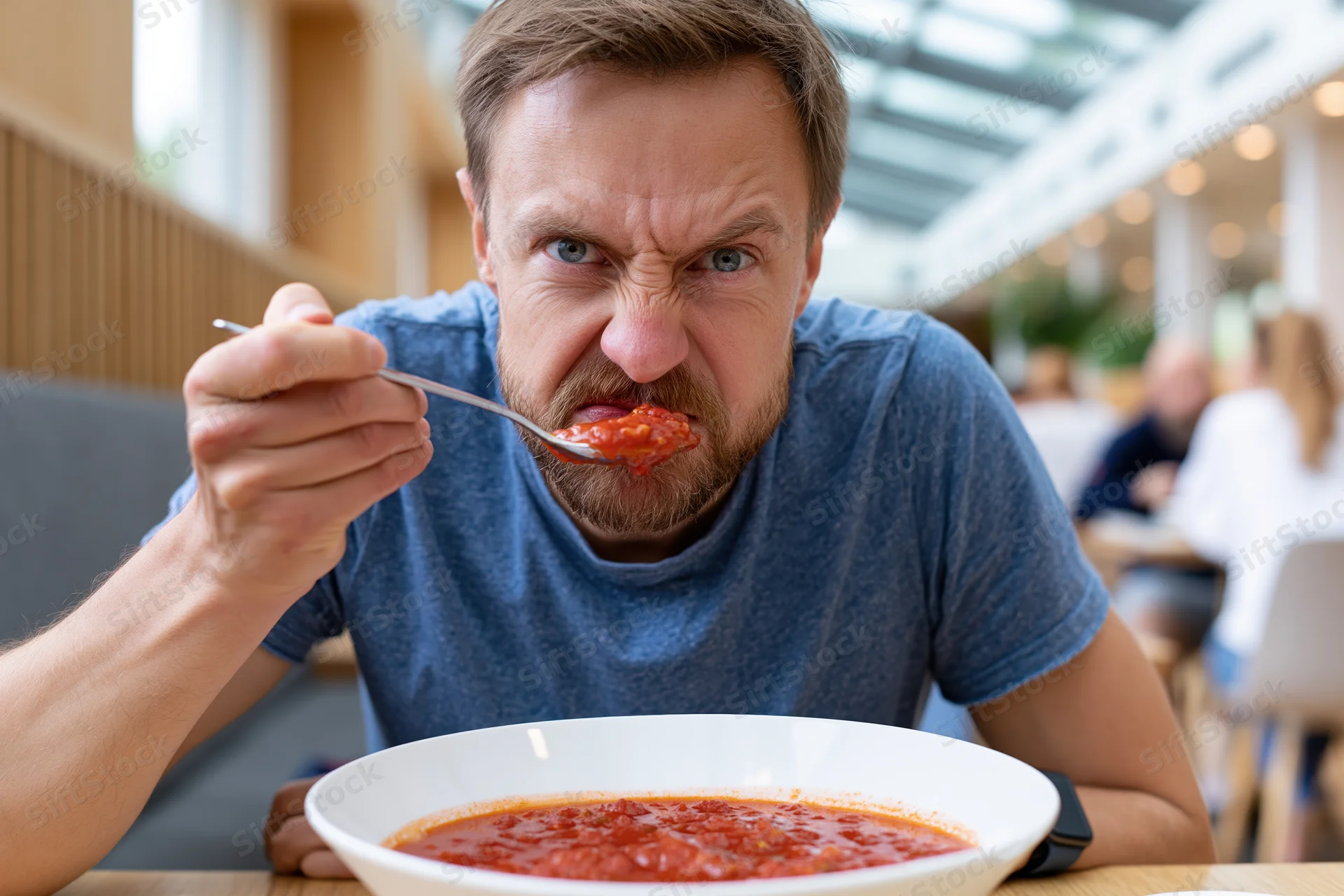 Man eating tomato soup with angry expression at restaurant table