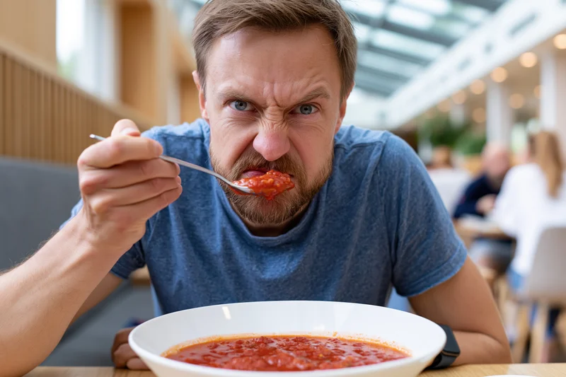 Man eating tomato soup with angry expression at restaurant table