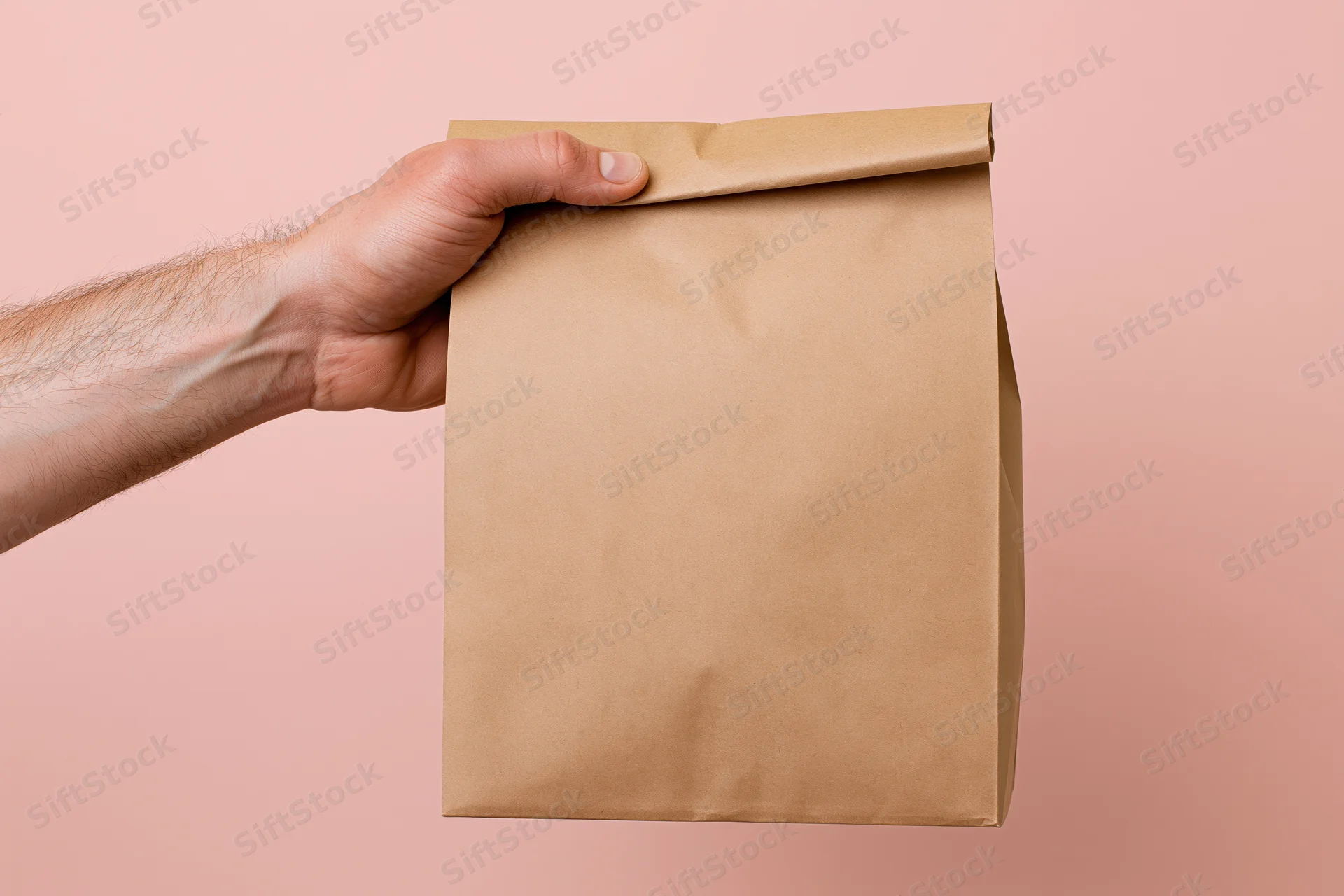 Man's hand holding a plain kraft paper bag against a pink background