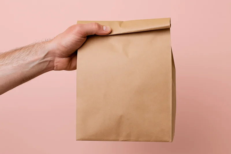 Man's hand holding a plain kraft paper bag against a pink background