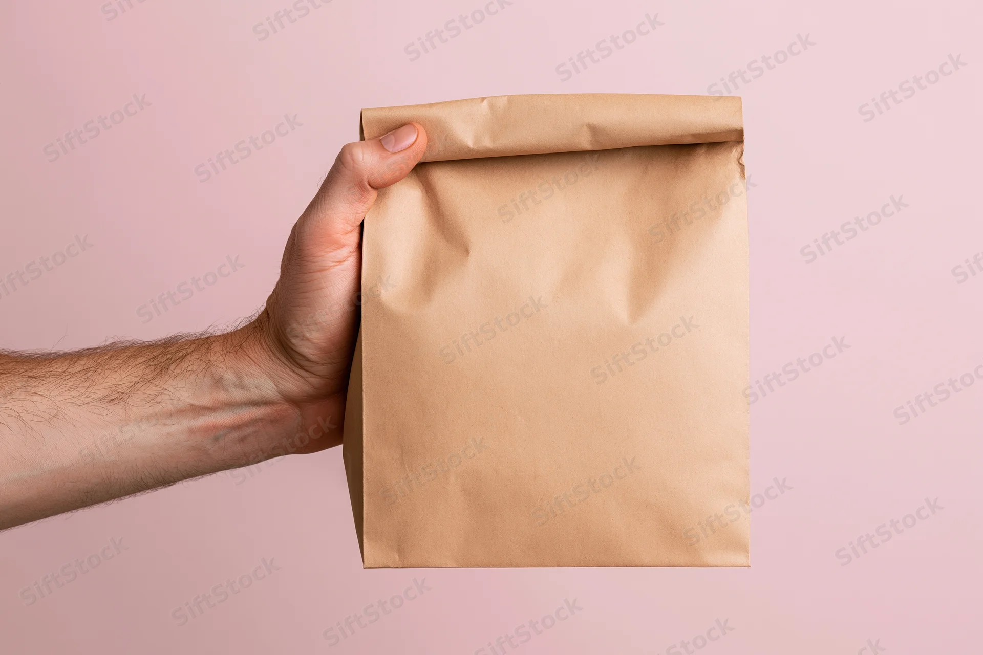 Man's hand holding a plain kraft paper bag against a pink background