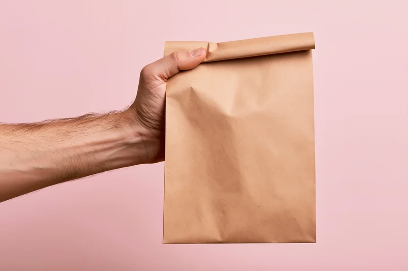 Man's hand gripping folded top of plain kraft paper bag against pink background