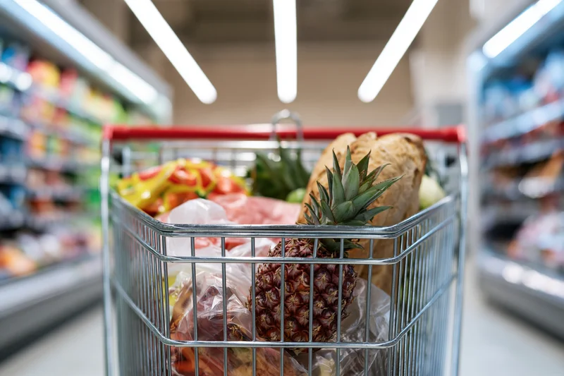 Metal shopping cart filled with groceries in a supermarket aisle