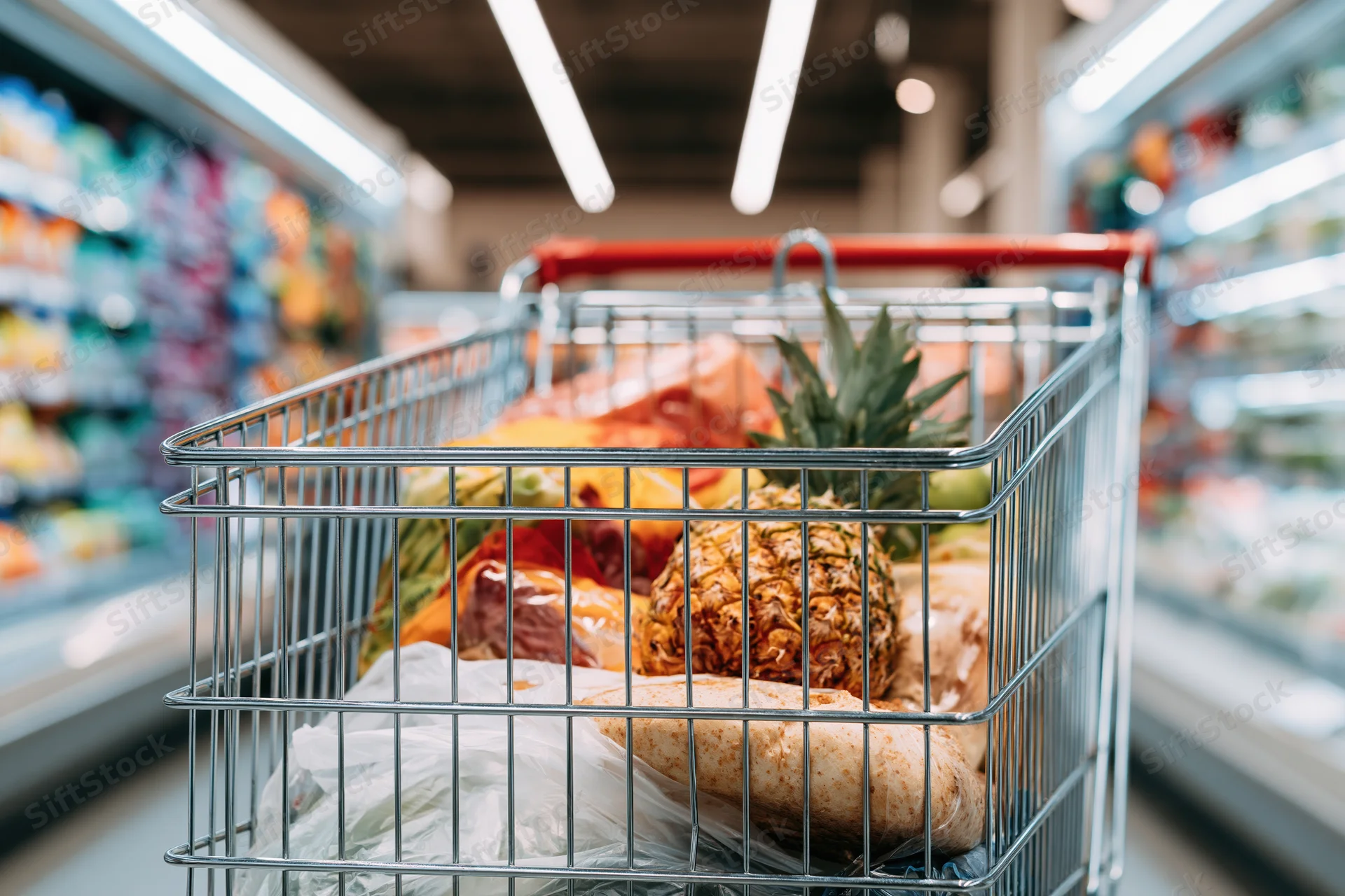 Metal shopping cart filled with groceries in supermarket aisle