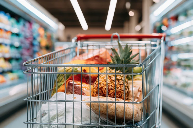 Metal shopping cart filled with groceries in supermarket aisle