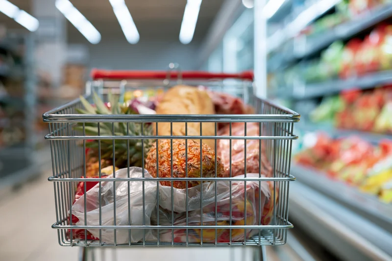 Metal shopping cart filled with groceries in a supermarket aisle