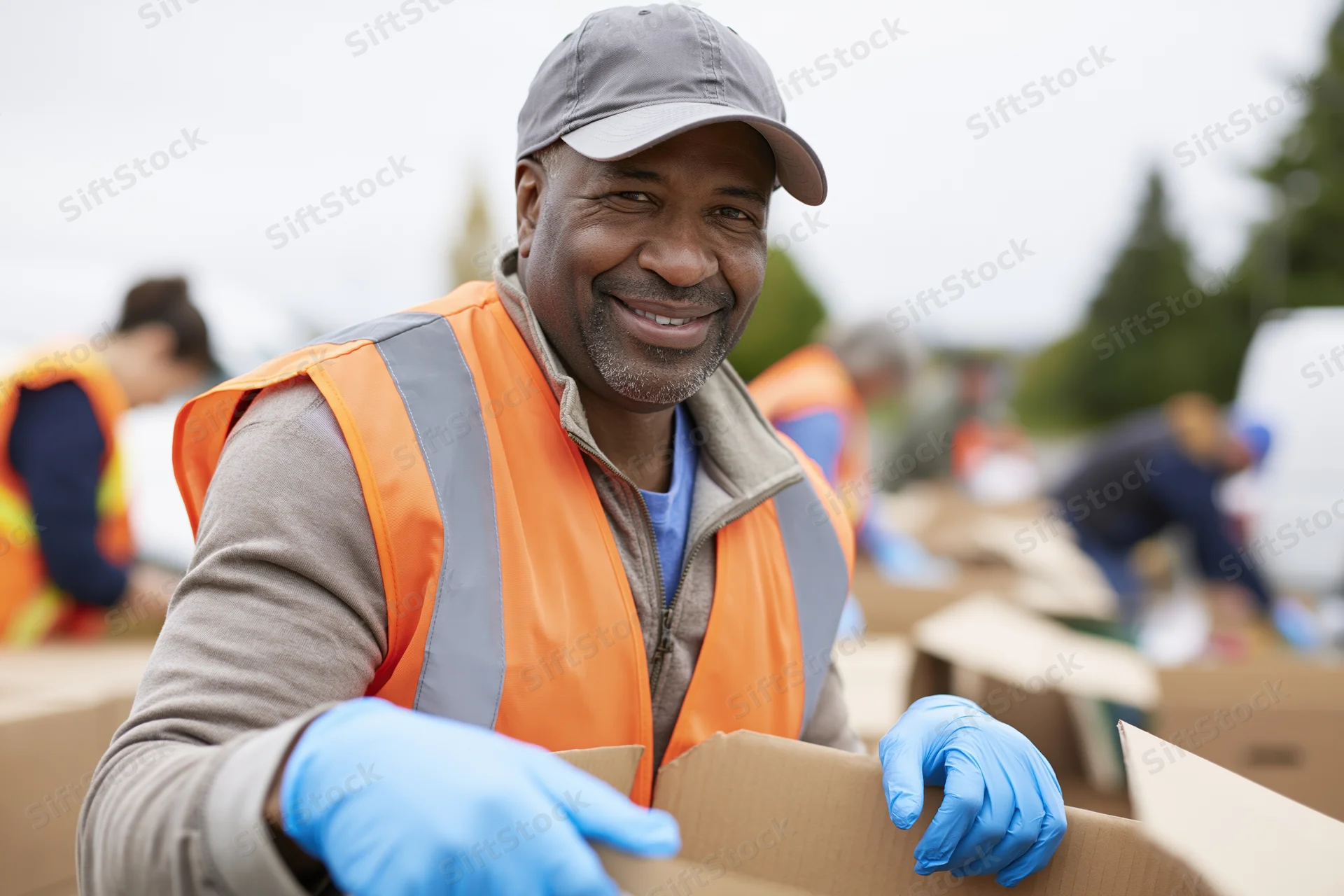 Smiling man in orange safety vest holding cardboard box outdoors during community volunteer event
