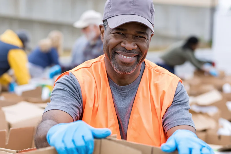 Smiling man in orange safety vest sorting cardboard boxes outdoors during community cleanup