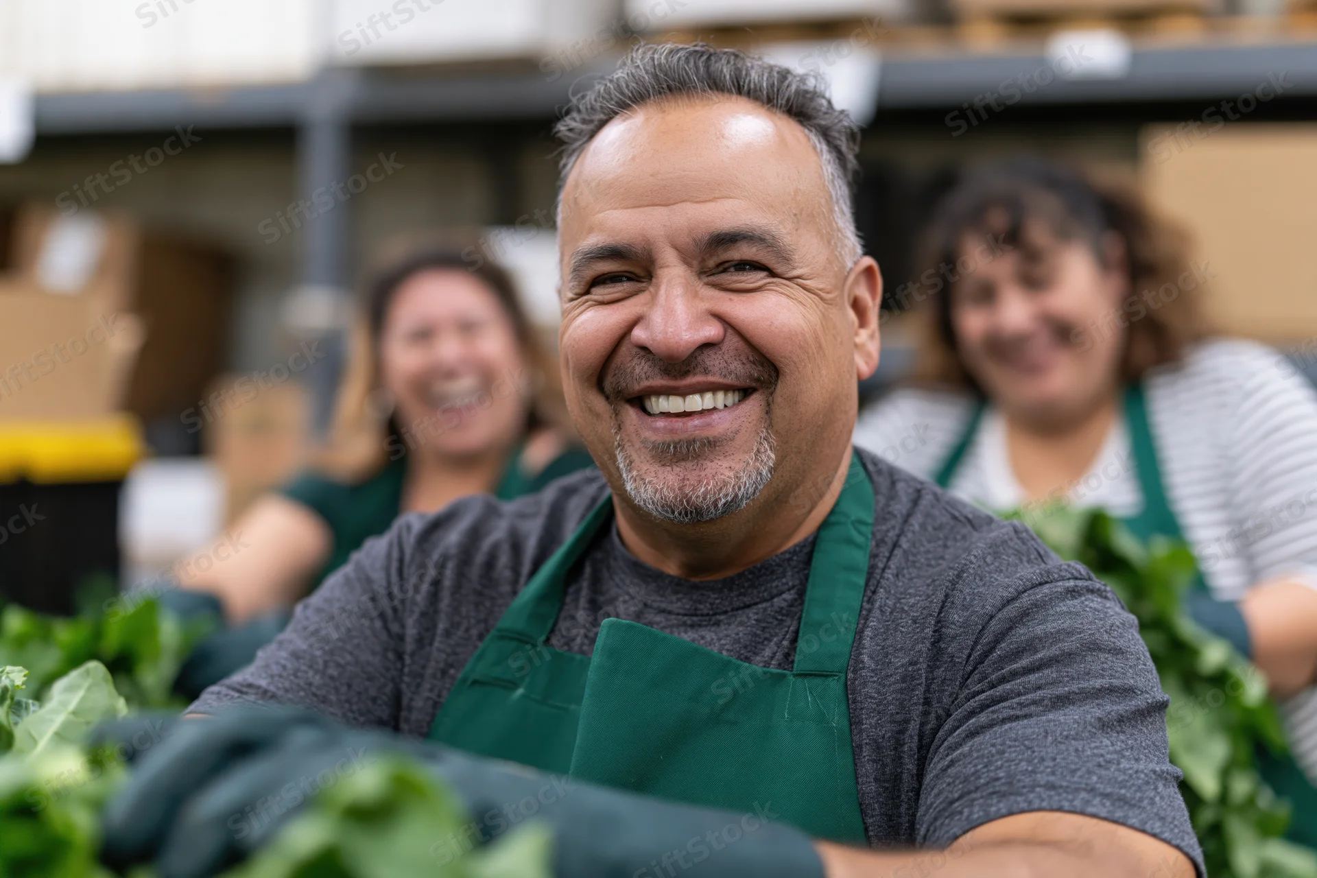 Middle-aged latino man in green apron smiling while handling leafy vegetables in supermarket warehouse with colleagues in background