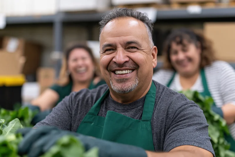 Middle-aged latino man in green apron smiling while handling leafy vegetables in supermarket warehouse with colleagues in background