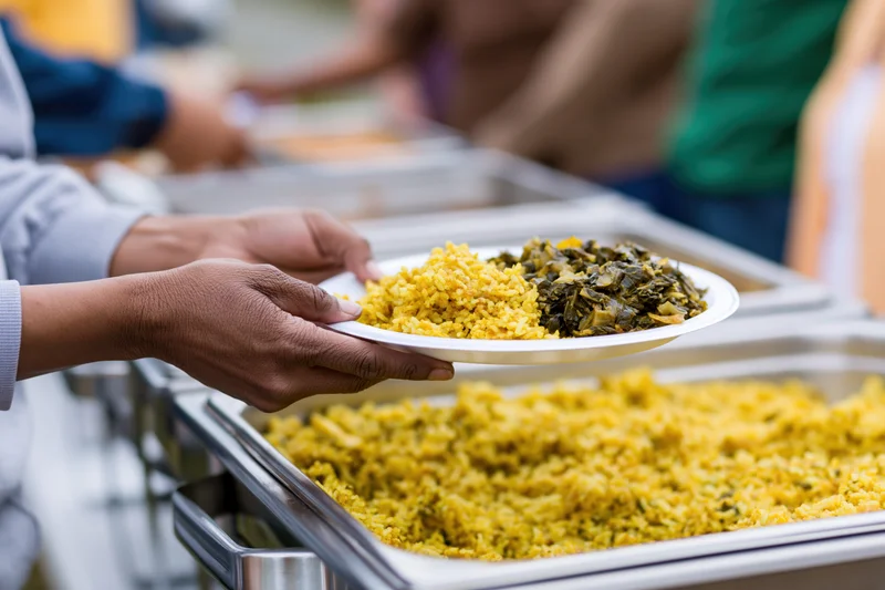Hands holding a white plate with yellow rice and collard greens being served from a buffet tray in a community kitchen