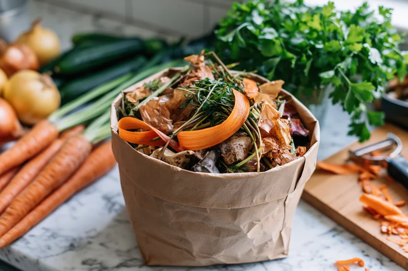 Paper bag filled with vegetable scraps and peels on a kitchen countertop