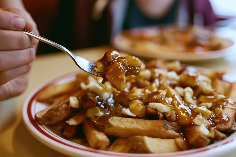 Hand lifting forkful of poutine from diner plate with cheese curds and gravy