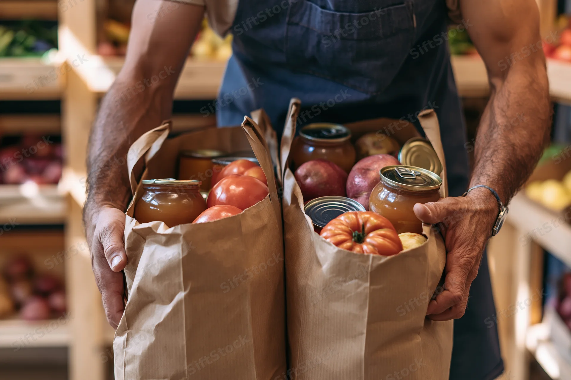 Man holding two paper bags filled with fresh produce and canned goods in a grocery store