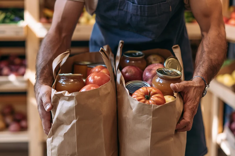 Man holding two paper bags filled with fresh produce and canned goods in a grocery store