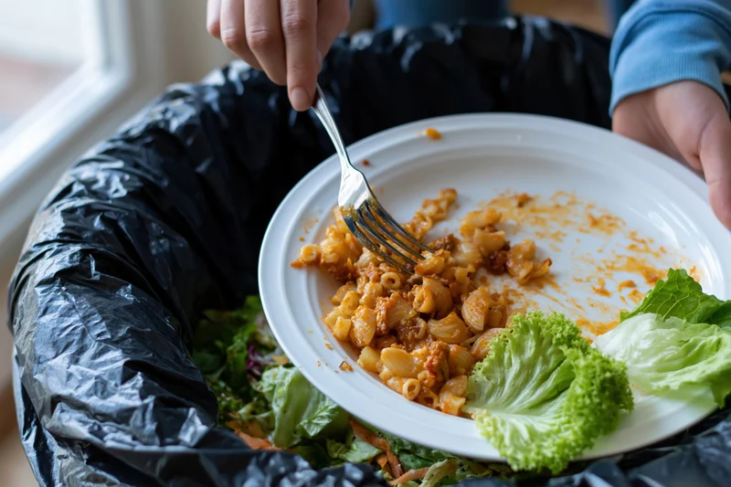 Person scraping leftover tomato-sauced macaroni pasta off a plate into a trash bin