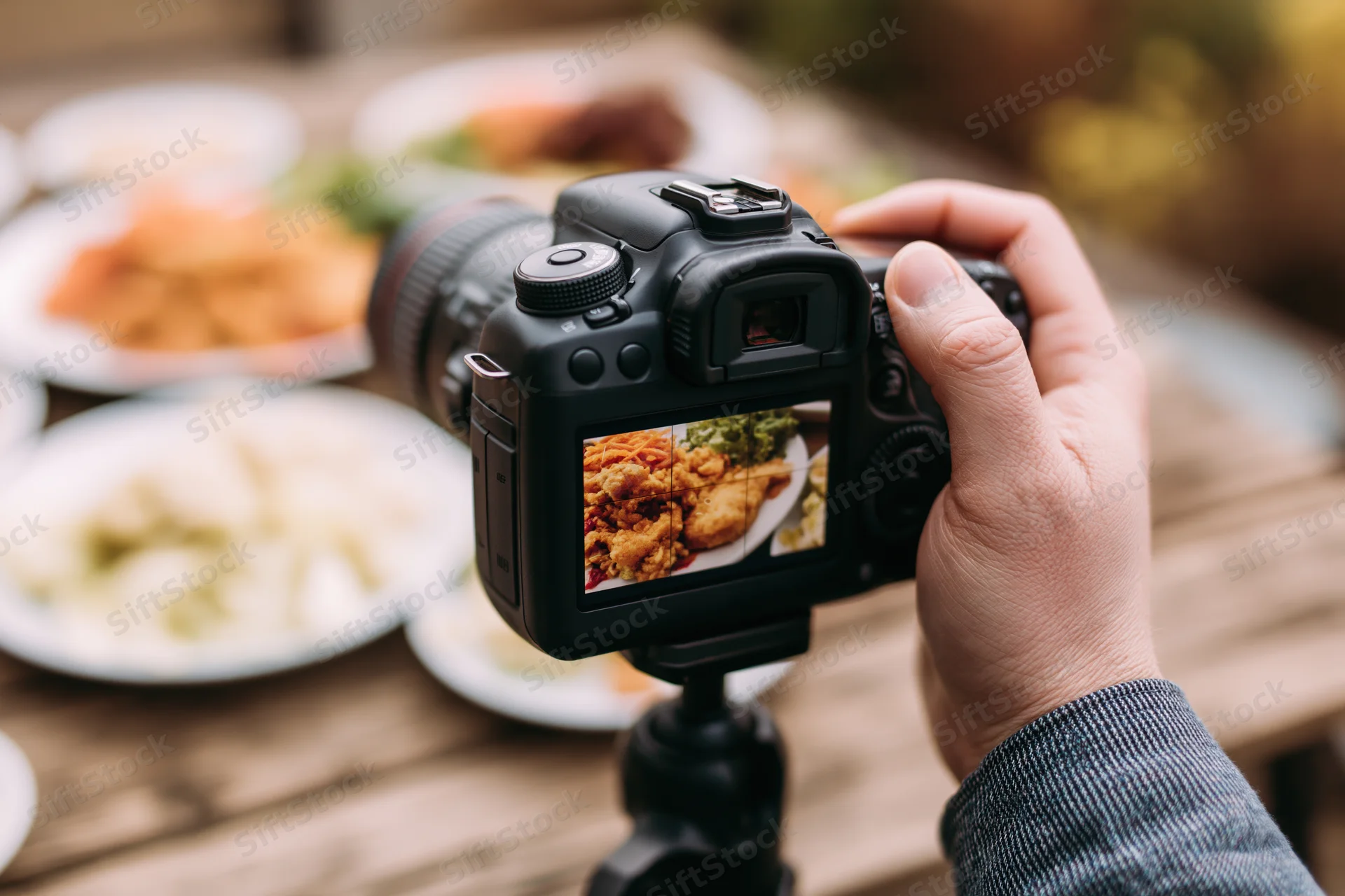 Hand holding DSLR camera on tripod photographing plates of food on wooden table