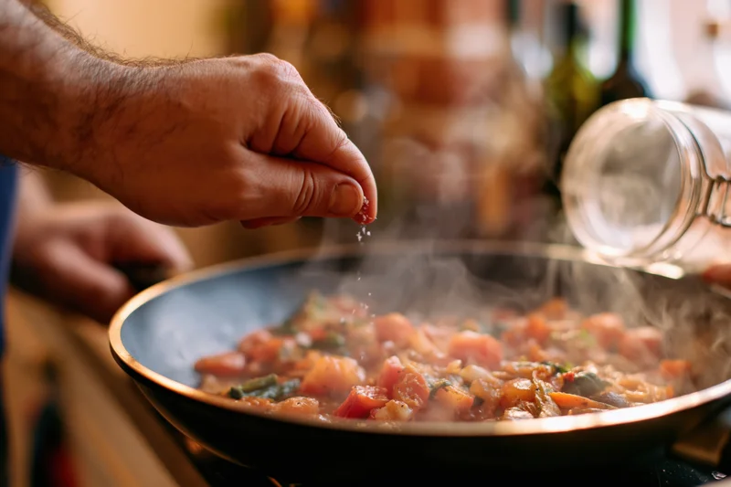 Hand sprinkling salt over steaming tomato vegetable sauce in a frying pan on stove