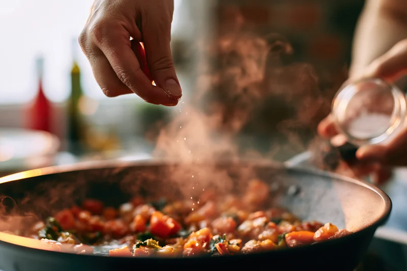 Hand sprinkling salt over steaming vegetables in a pan during cooking