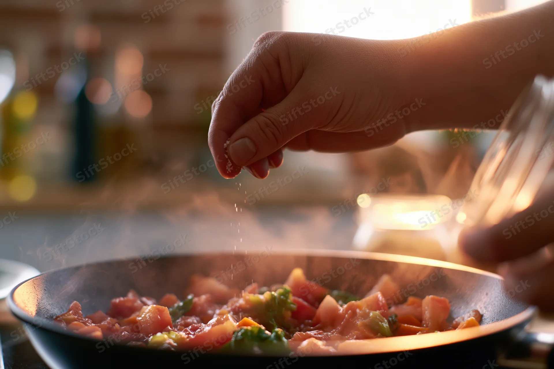 Hand sprinkling salt over steaming vegetables in a frying pan on a kitchen stove