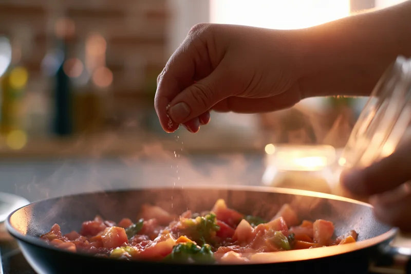 Hand sprinkling salt over steaming vegetables in a frying pan on a kitchen stove