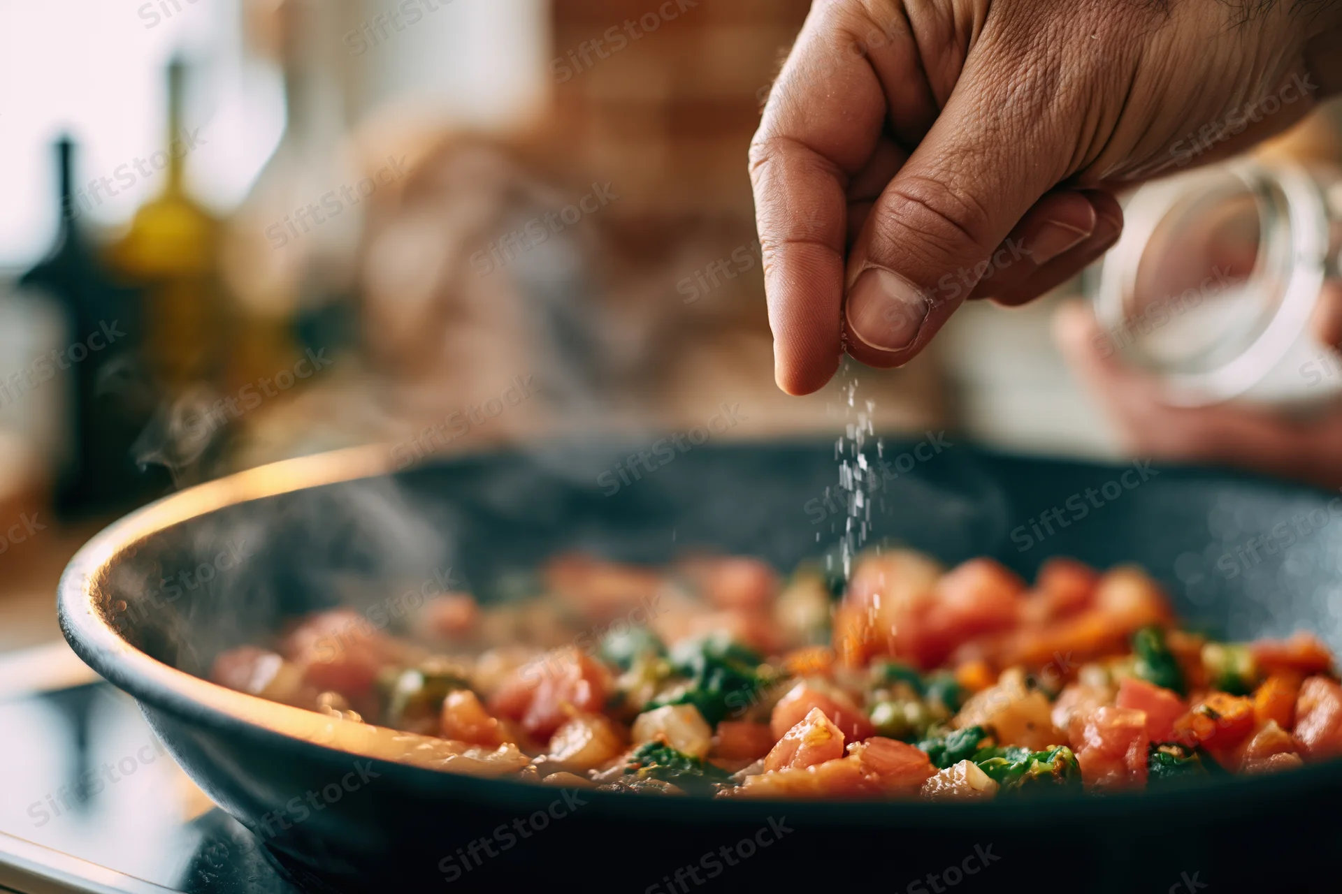 Hand sprinkling salt over steaming vegetables in a frying pan on a stove
