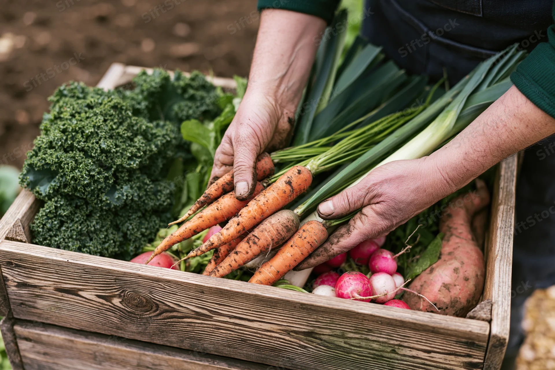 Hands arranging freshly harvested vegetables in a wooden box in a garden