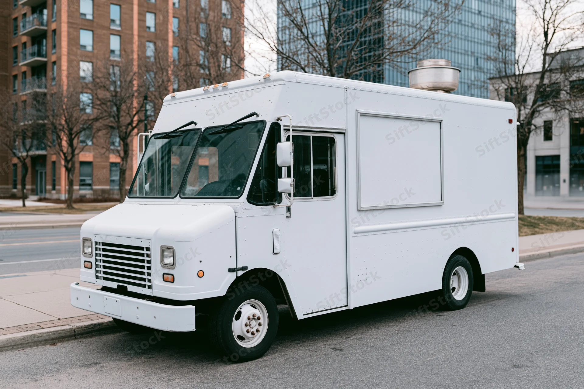 White food truck parked along urban street with buildings and bare trees in background