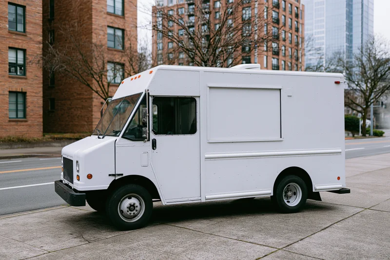 White food truck parked on city sidewalk beside urban buildings