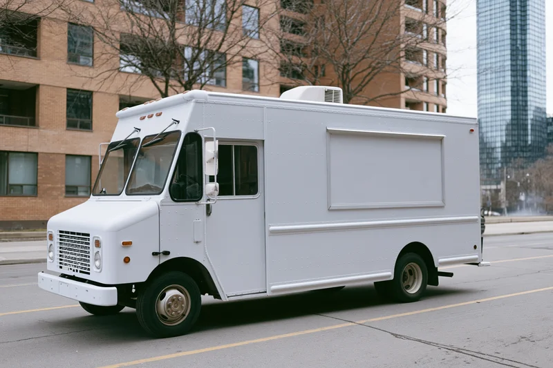 White food truck parked on urban street beside brick buildings and skyscraper