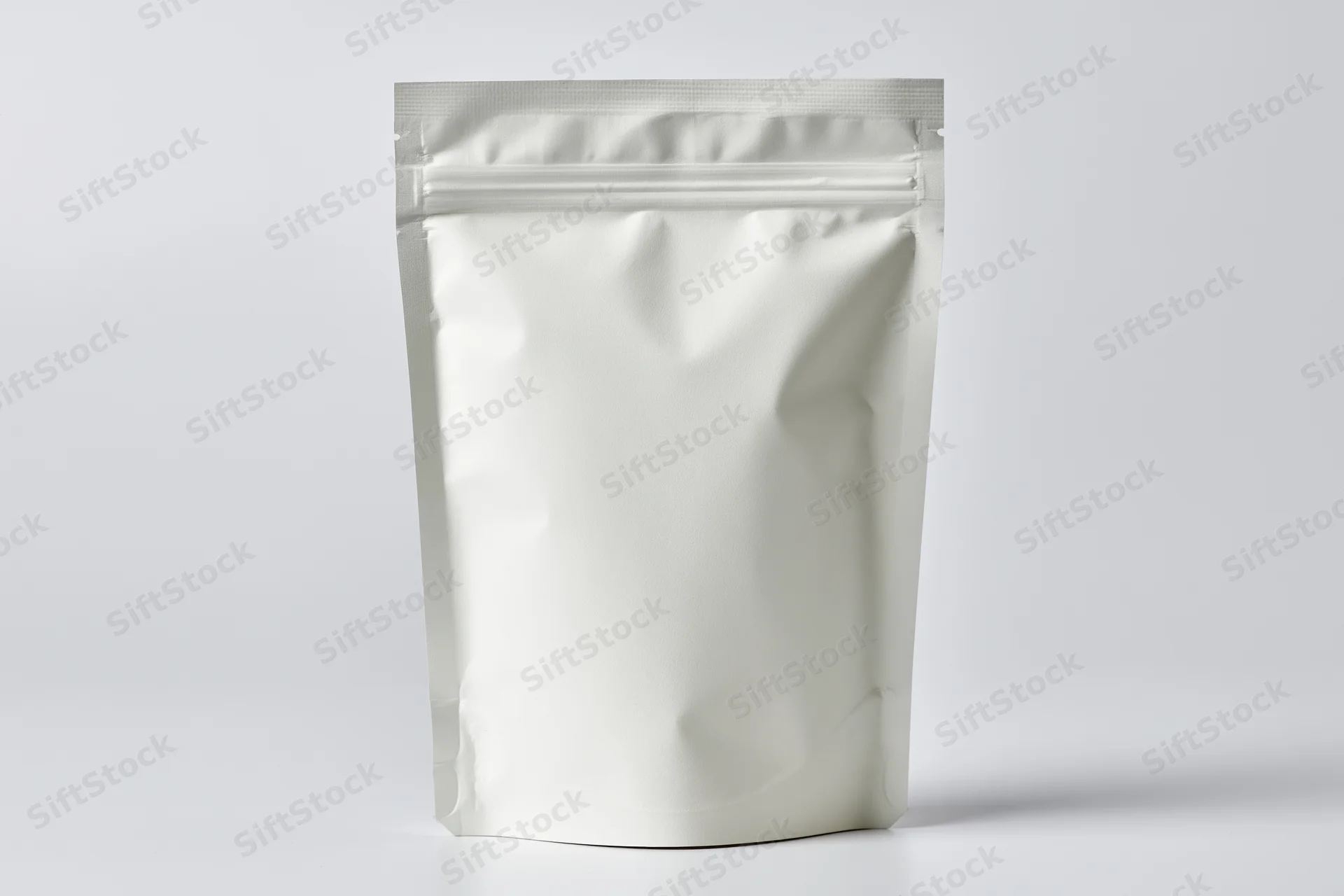Plain white stand-up pouch with resealable zipper on white background