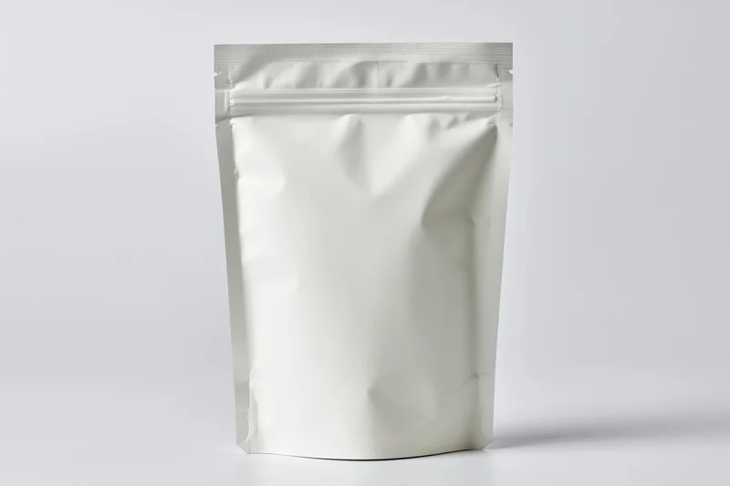 Plain white stand-up pouch with resealable zipper on white background