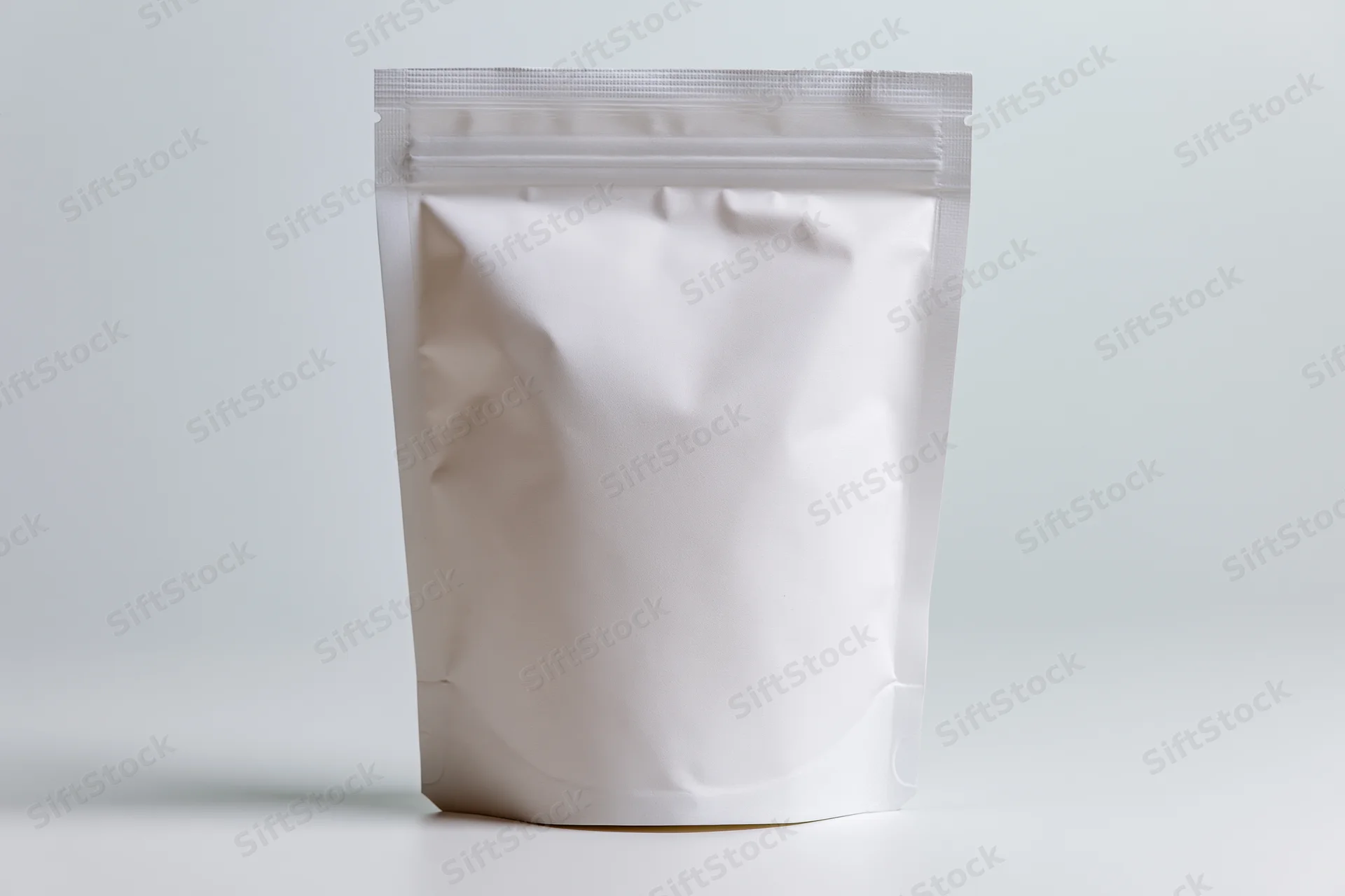 White stand-up pouch with resealable zipper on plain surface