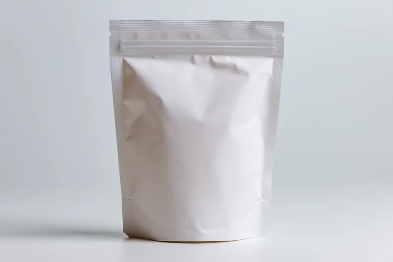 White stand-up pouch with resealable zipper on plain surface