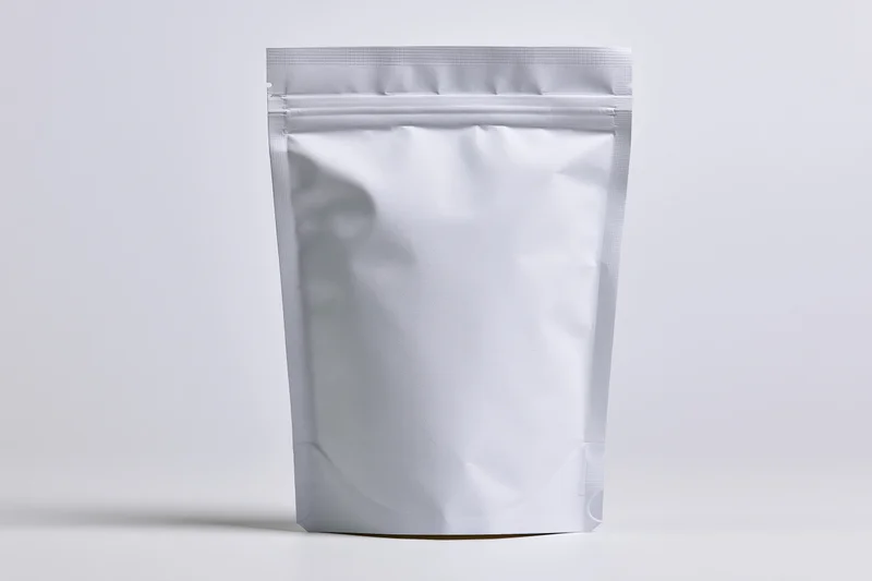 Plain white stand-up pouch with resealable zipper on white background