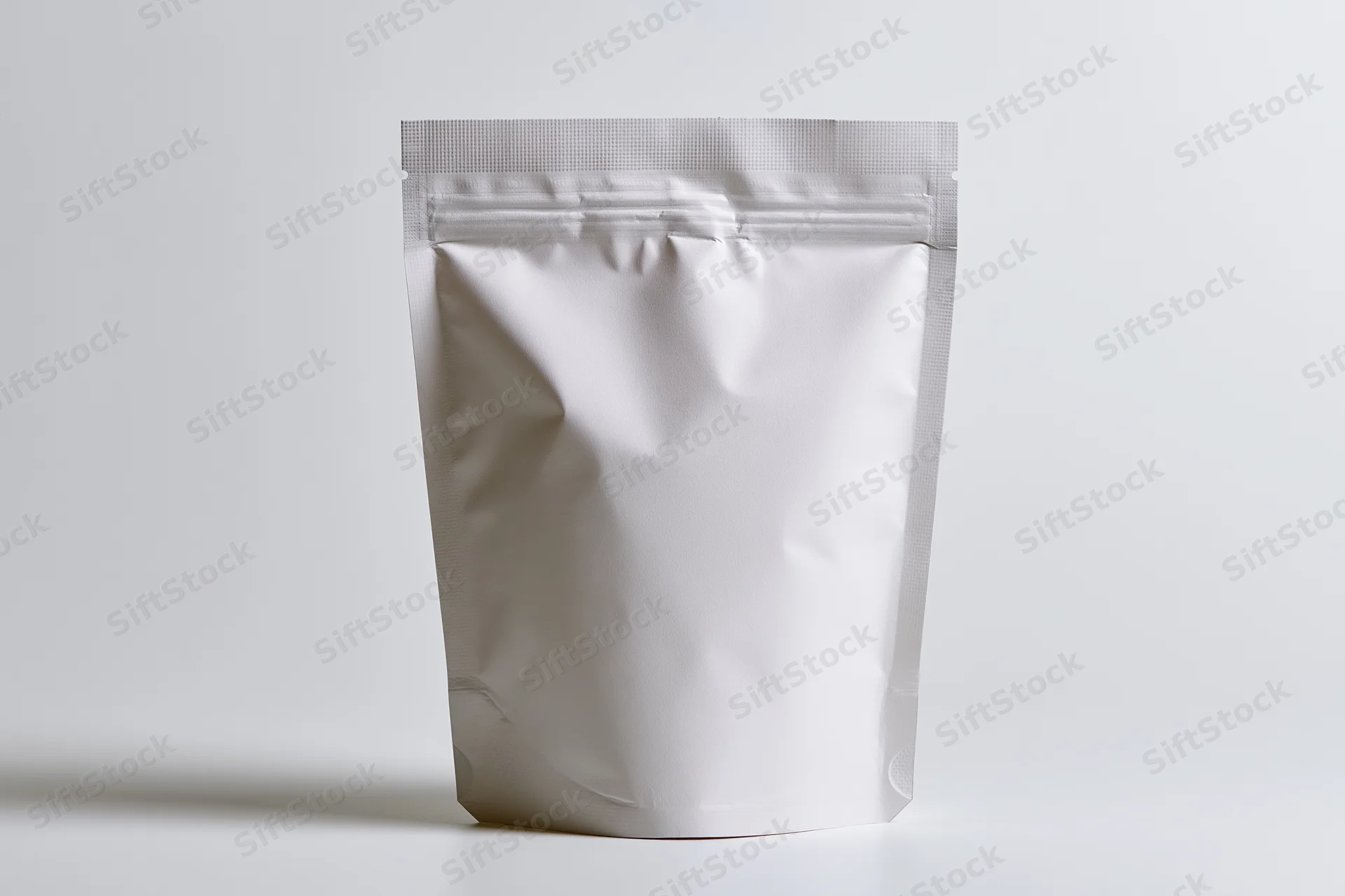 White stand-up pouch with resealable zipper on plain background
