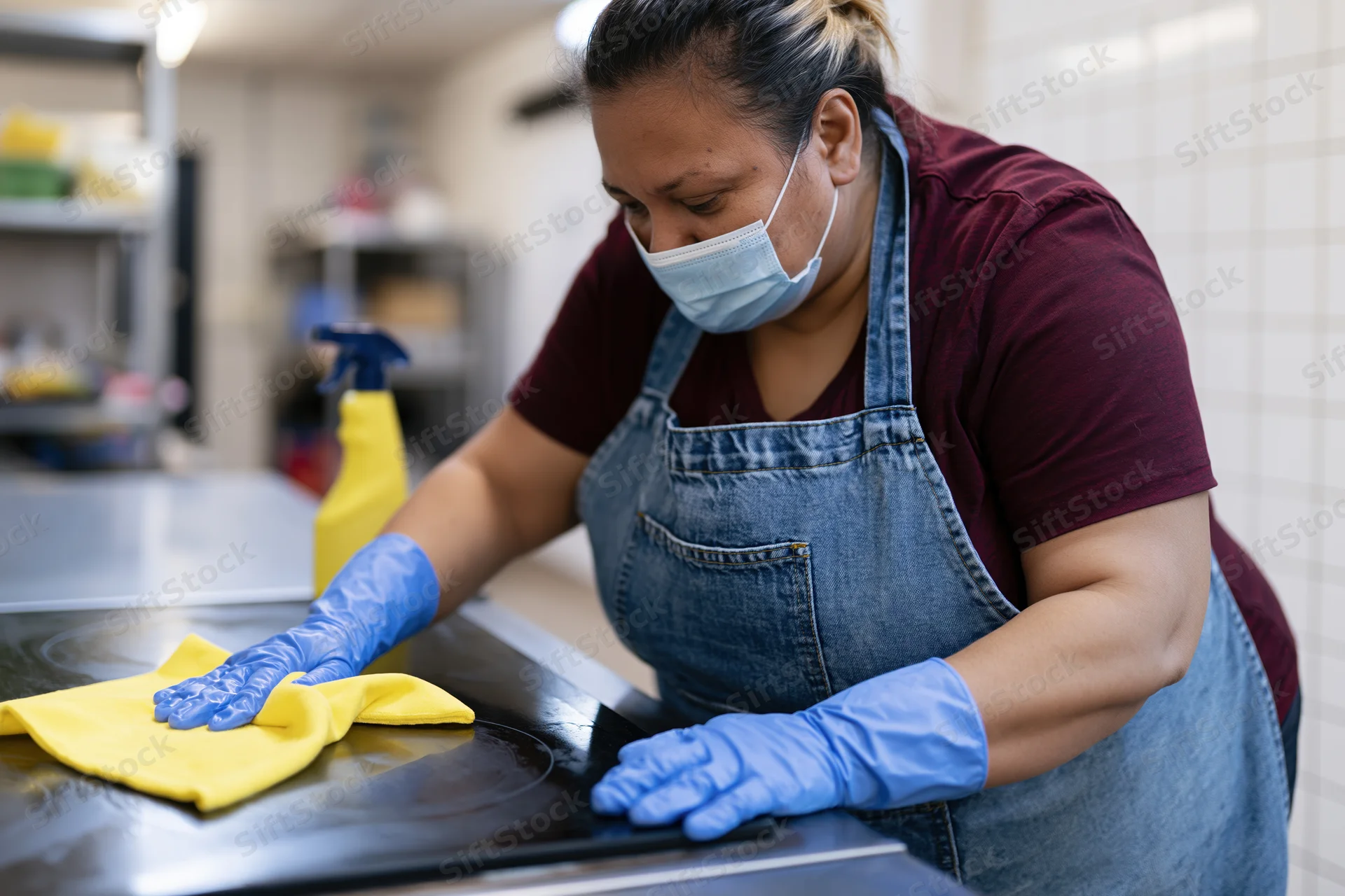 Woman cleaning stainless steel countertop in commercial kitchen wearing apron and gloves