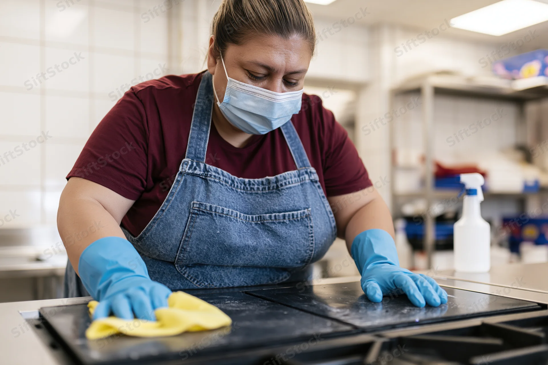 Woman cleaning kitchen countertop with cloth and gloves while wearing mask and apron