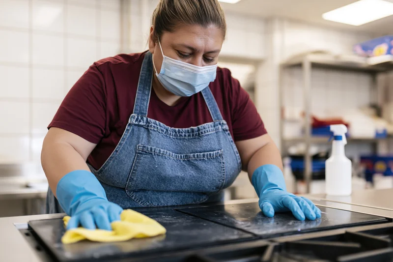 Woman cleaning kitchen countertop with cloth and gloves while wearing mask and apron